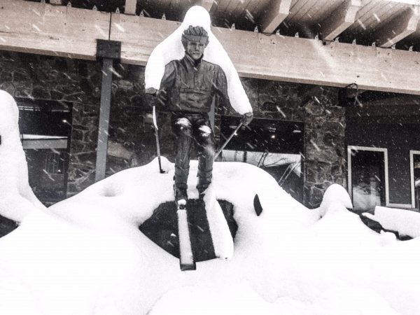 Statue of skier in snow storm